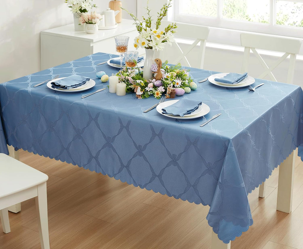Ribbons and Bows Damask Fabric Tablecloth, Blue, 60 x 144 Inch Rectangle, Wrinkle & Stain Resistant 