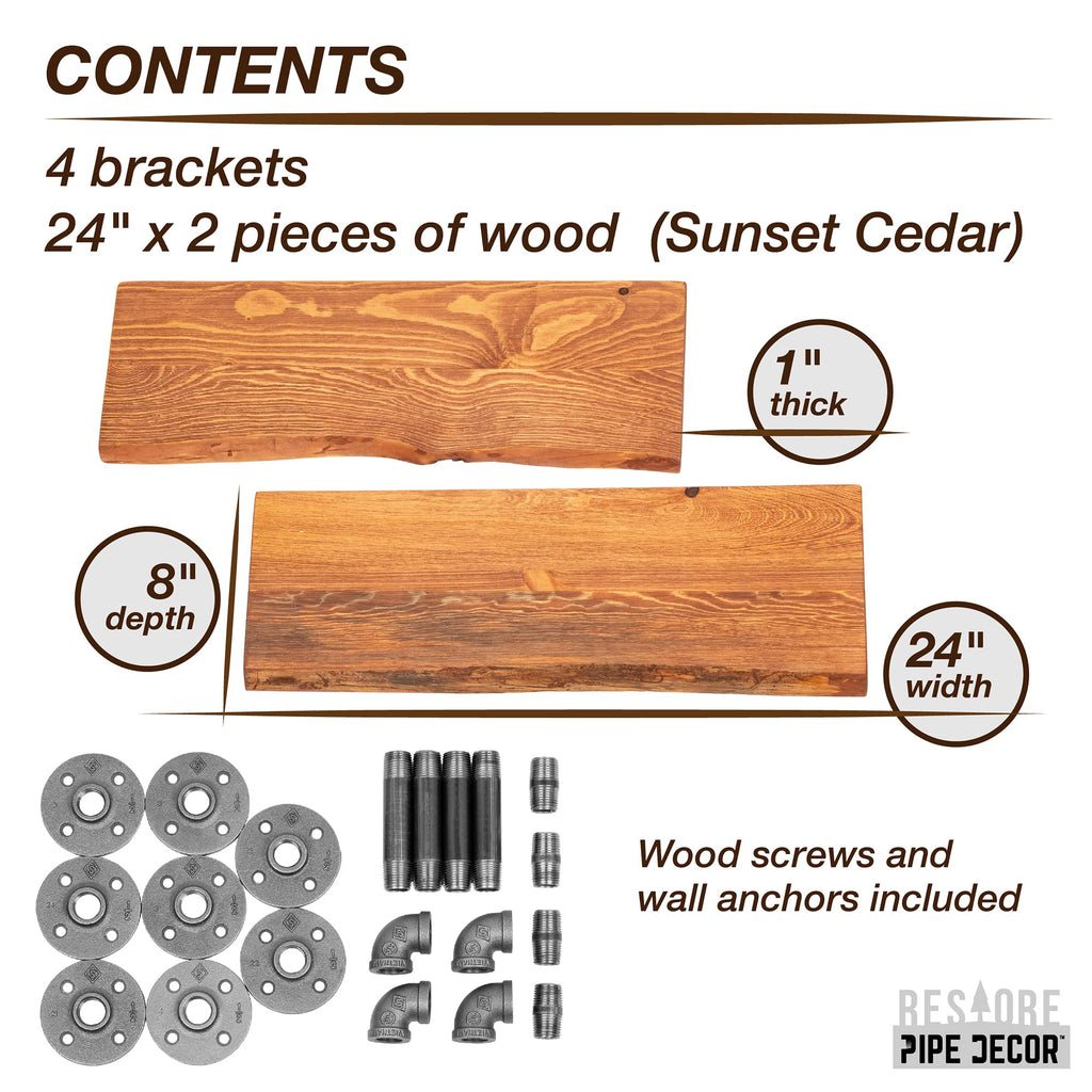 24" Sunset Cedar Live Edge Wood Shelf with Industrial L-Shaped Pipe Brackets (2-Pack)