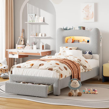 Led Twin Bed Frame for Kids with Drawer, Grey | Upholstered Sturdy Platform Bed, Storage Headboard, Charging Station