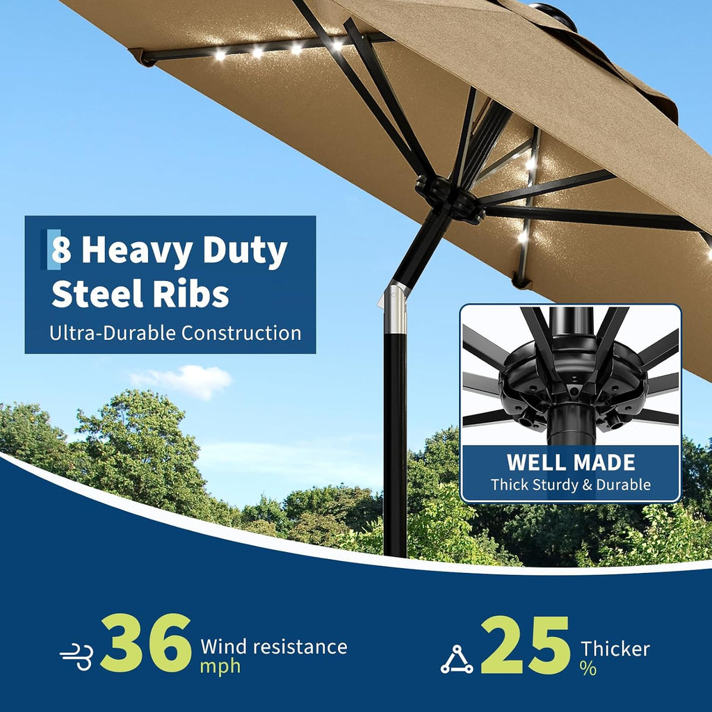 Patio Umbrella with Solar Lights, Outdoor Table Umbrella with 8 Durable Ribs, Tilt & Crank Mechanism