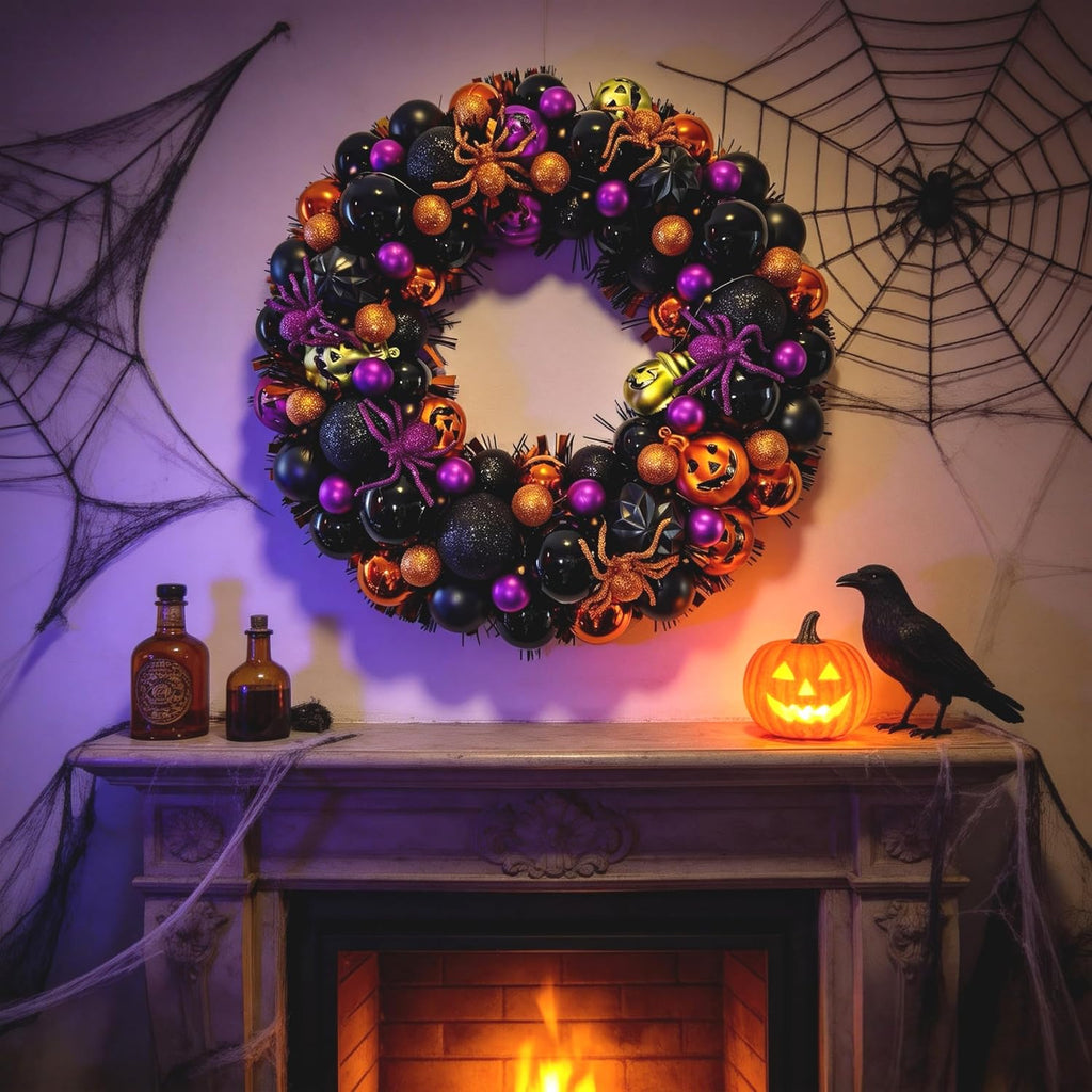 17 Inch Halloween Ball Wreath for Front Door with Lights | Lighted Cute Treat-or-Trick Door Wreath Ball Ornament for