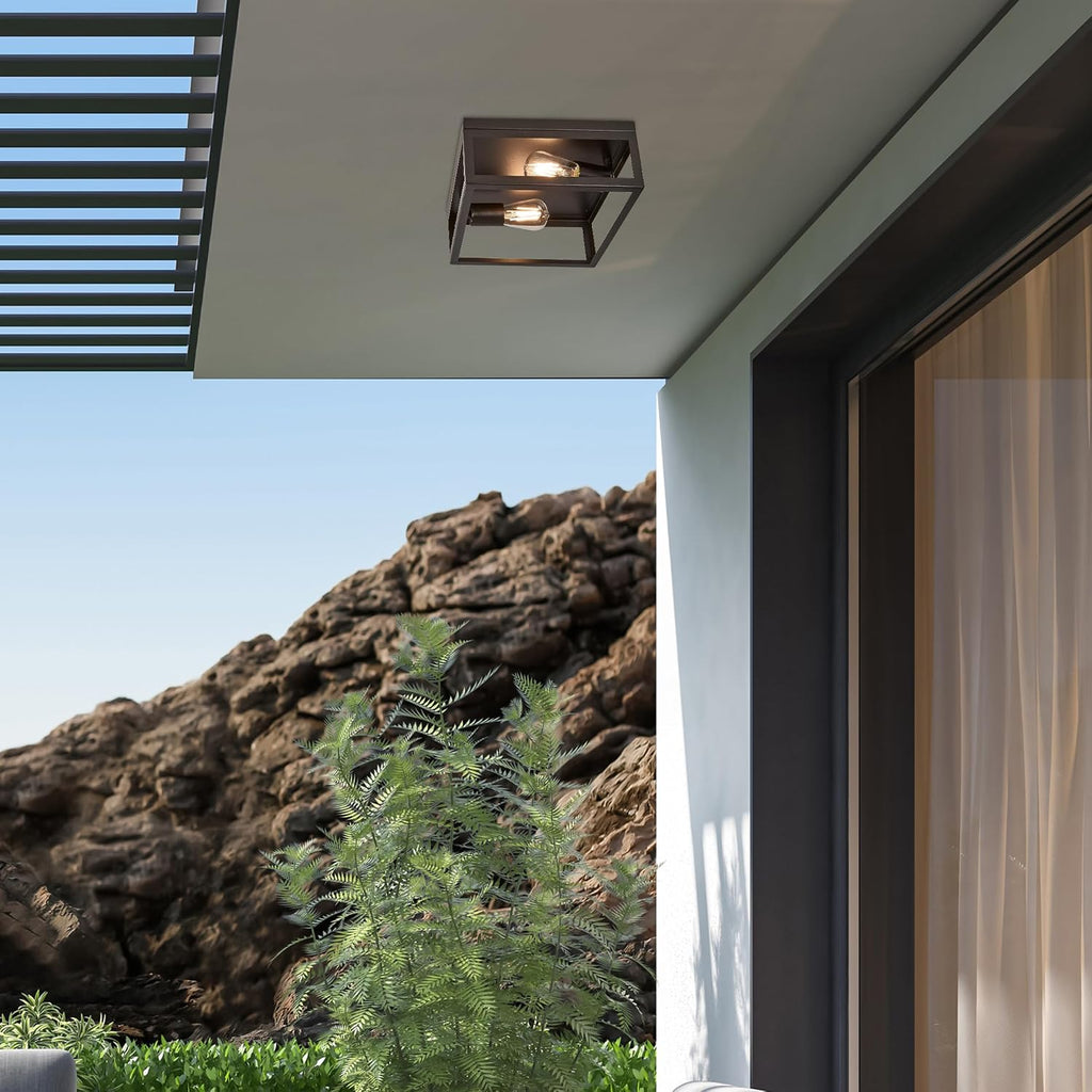 Indoor/Outdoor Flush Mount Ceiling Light, 2-Light Square, Black | Farmhouse Style, Close to Ceiling, Entryway Light