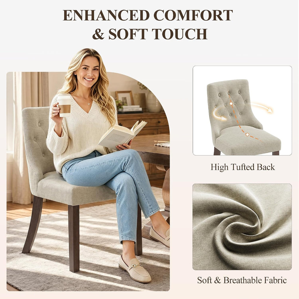 Upholstered Dining Chairs Set of 2, Wingback Dining Room Chairs with Tufted Button, Fabric Dining Chairs with Solid
