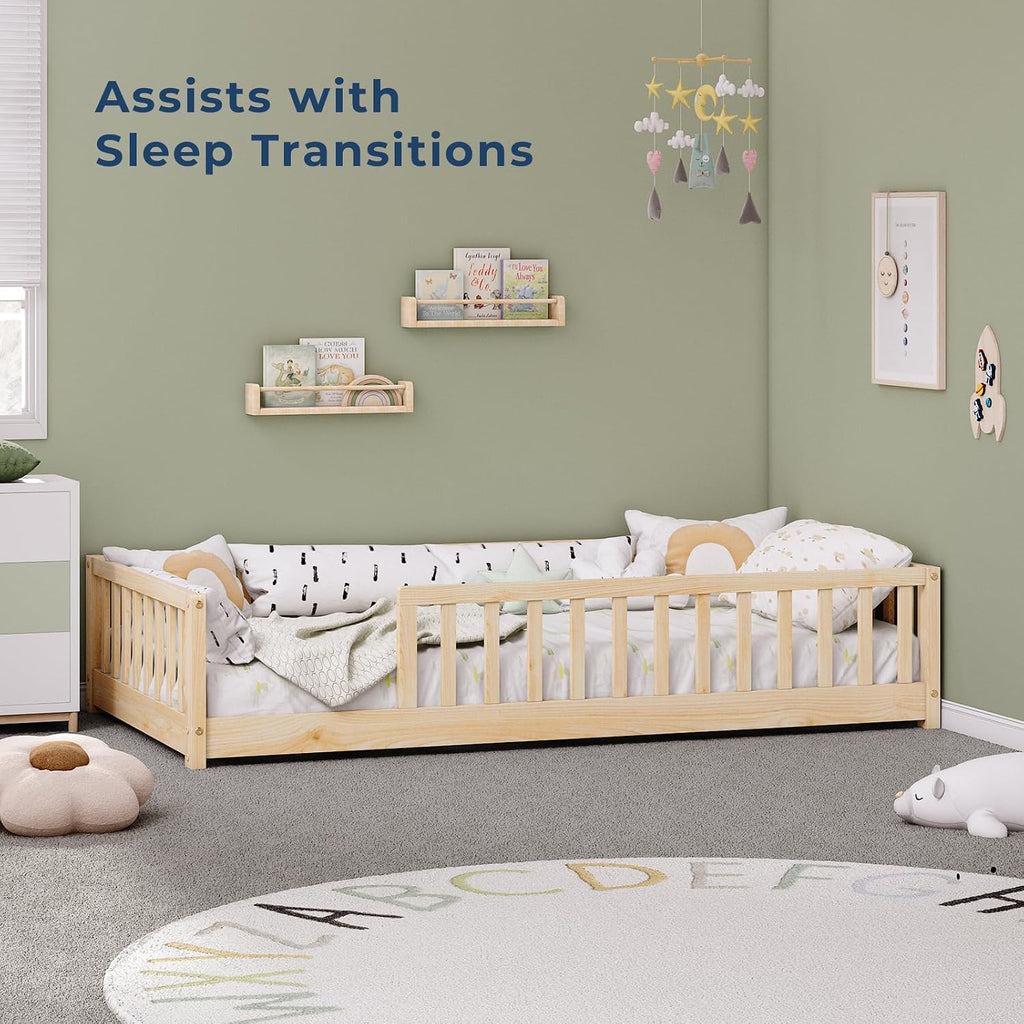 Twin Montessori Floor Bed with Rails | Solid Wood Natural Floor Bed Frame for Kids, Montessori Bed with Slats, No Box