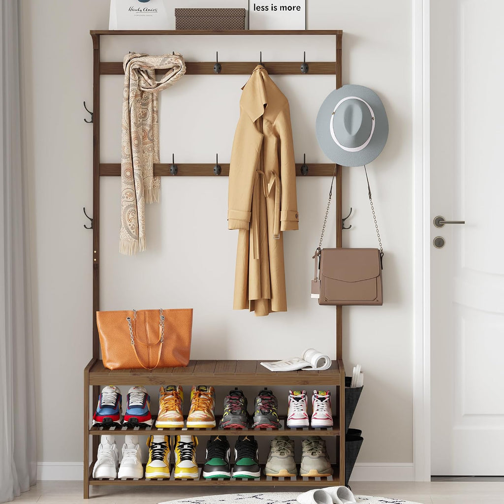 Hall Tree with bench and shoe storage, Entryway Bench with shoe storage, 6-in-1 Coat Rack with Cloth Bag and14 Coat