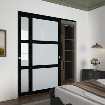 72x80 Sliding Closet Door, 3-Panels Preassembled Frosted Glass Door Panel with Hardware Kits & Match
