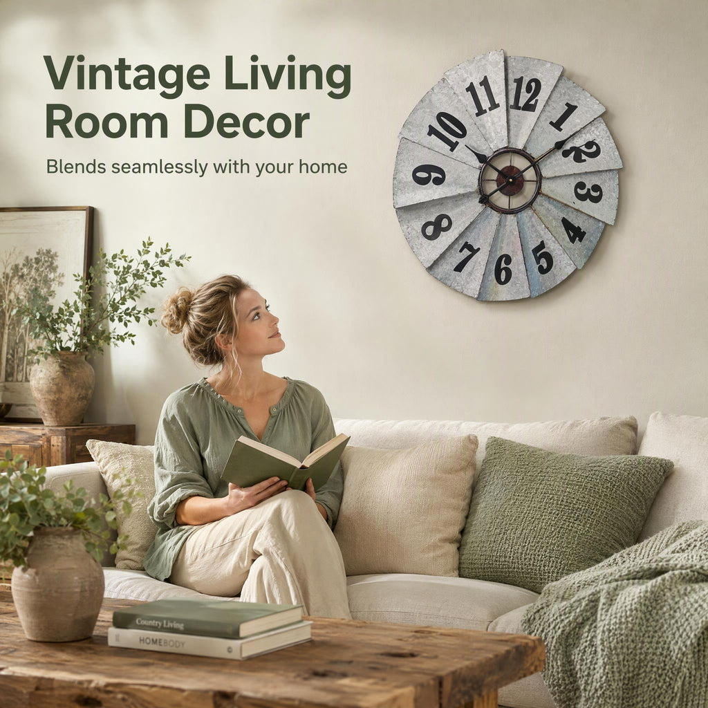 24 Inch Rustic Windmill Wall Clock - Galvanized Metal Farmhouse Decor, Silent Battery Operated Vintage Industrial