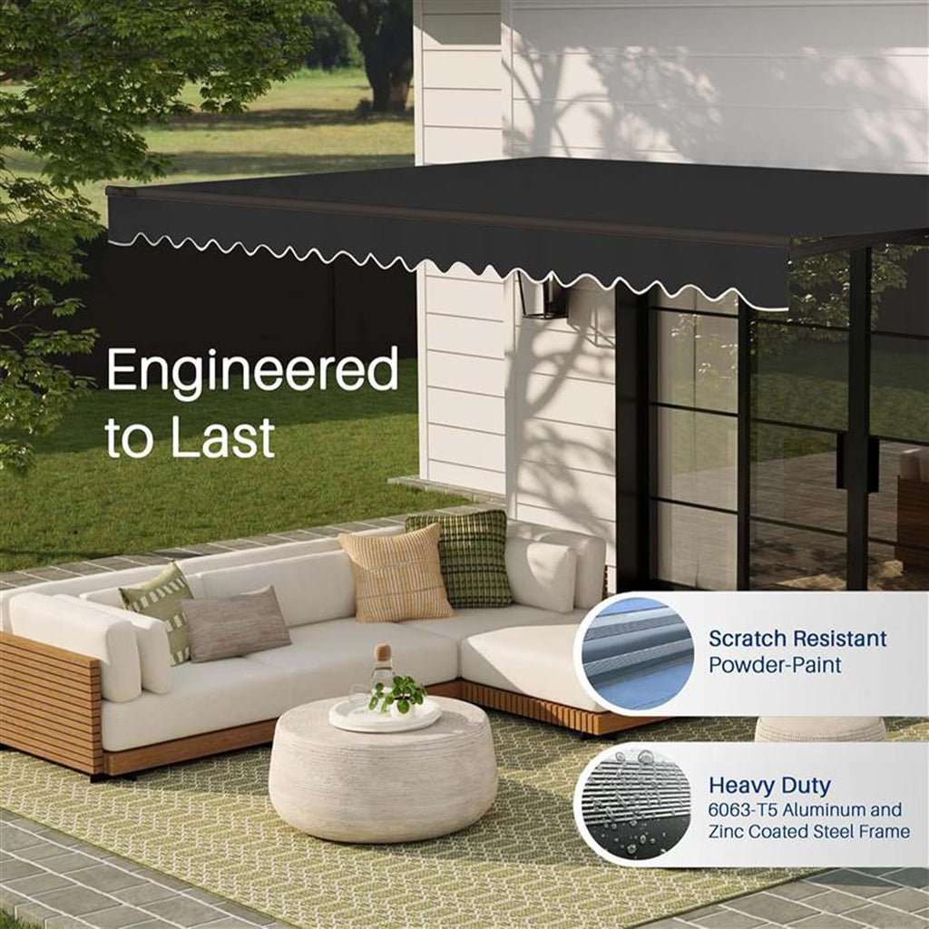 Manual Patio Awning with Black Frame, 13x10 Onyx Black | Hand-crank retractable sunshade, adjustable pitch