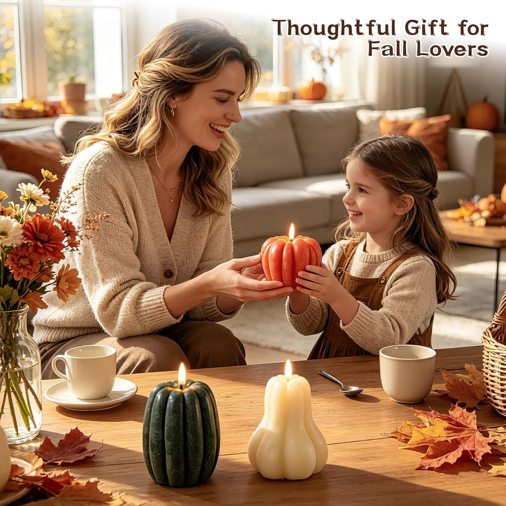 Fall Pumpkin Flameless Candle, LED Battery Operated Pumpkin Candle Light with Remote, Real Wax 3D Flickering - Set of 3