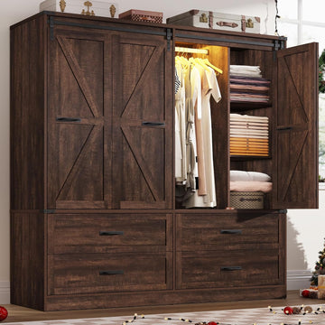 Farmhouse 4 Doors Armoire Wardrobe Closet w/Folding Sliding Barn Door and Lights, LED Armoire Closet w/Drawers