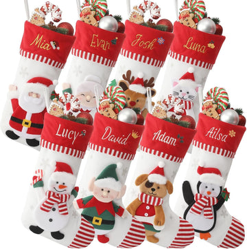 Christmas Family Stockings with Embroidery Names, 3D Xmas Characters Santa,Snowman,Reindeer & Penguin , Fireplace