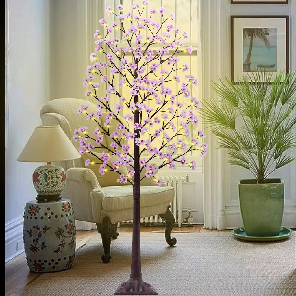 7FT Lighted Cherry Blossom Tree - Faux Artificial Light Up Pink Tree with 144 Lights, 432 Lush Flowers, Timer, Remote