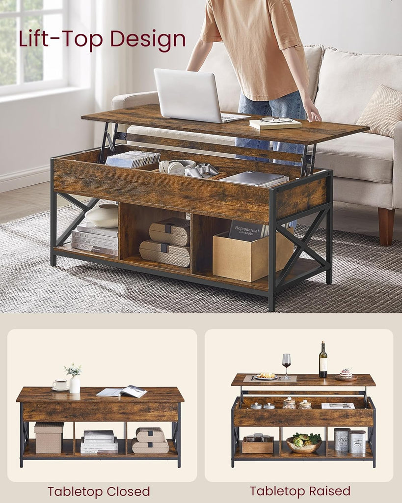 Lift Top Coffee Table, Lift Coffee Table with Storage Shelf, Hidden Compartments and Lifting Top