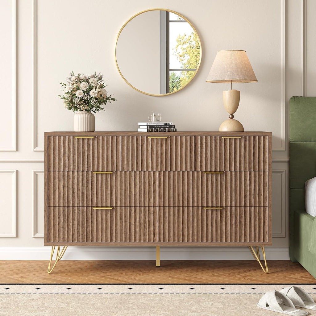 Fluted 7 Drawers Dresser , Wood Dressers with Scratch-Proof Golden Handles, Natural Curved Profile, Modern Chest