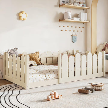 Twin Size Montessori Floor Bed with High Fence and Safety Guardrail, Solid Wood Floor Bed with Slats for Kids, Boys