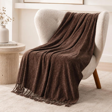 Brown Chenille Throw Blanket, Soft Cozy Textured Knit Throw Blanket with Handmade Fringe Tassels, Lightweight