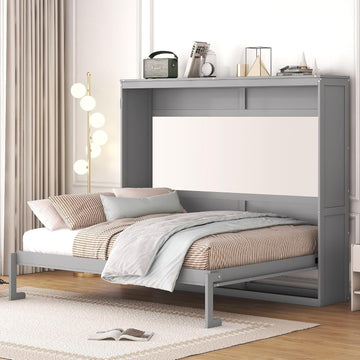 Modern Farmhouse Solid Wood Murphy Bed Chest, Wall Bed with Wood Slat Support/No Box Spring Needed/Space