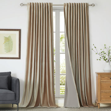 Full Blackout Champagne Beige Velvet Curtains 120 inch Long, Set of 2 Liner Rod Pocket Back Tab Thermal Window