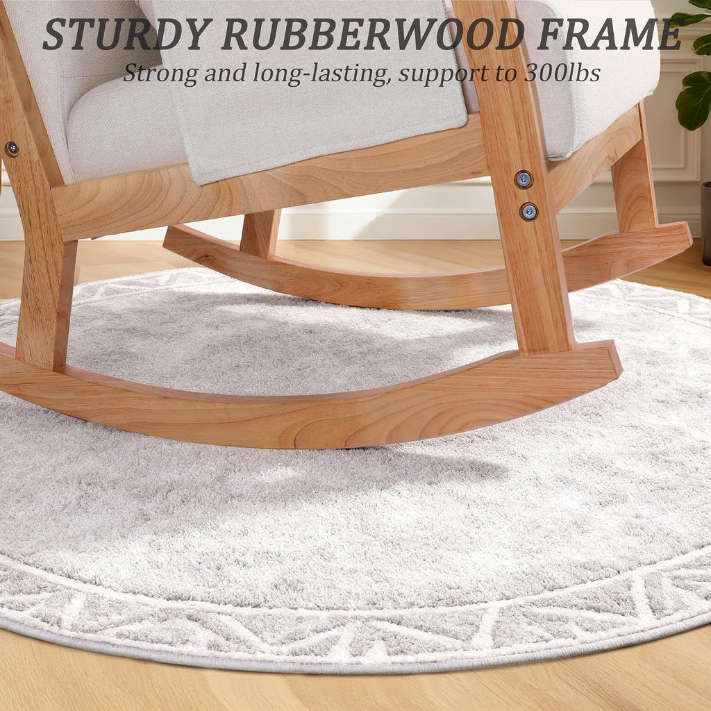 Rocking Chair Indoor with Ottoman, Lumbar Pillow & Side Pocket | Upholstered, High Back, Solid Wood Frame, with