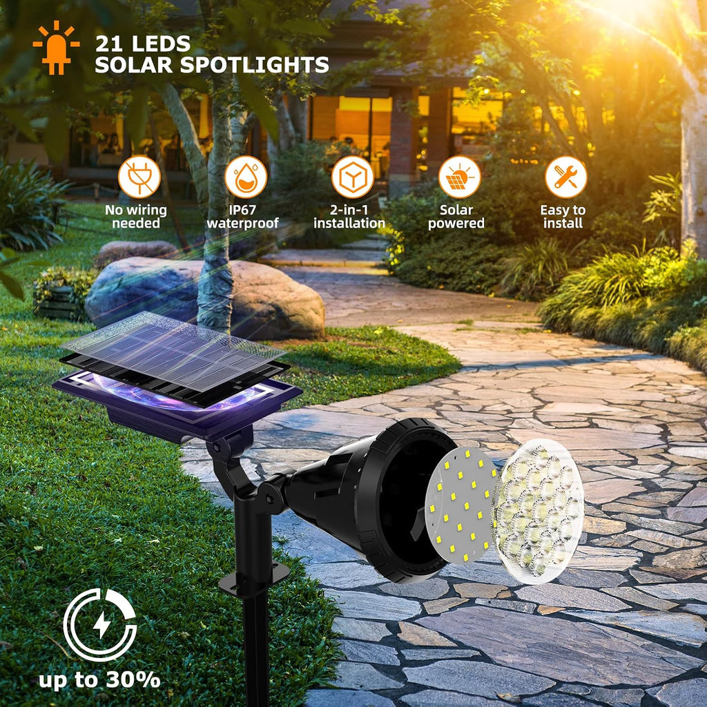 Solar Spot Lights Outdoor, 21 LEDs Solar Outdoor Lights Auto On/Off with 3 Modes, IP67 Waterproof Yard Spotlight