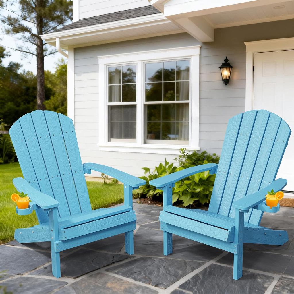 Adirondack Chair with Cup Holder, All-Weather Outdoor Chair, Blue | HIPS Plastic Fire Pit Chair with Wood Texture