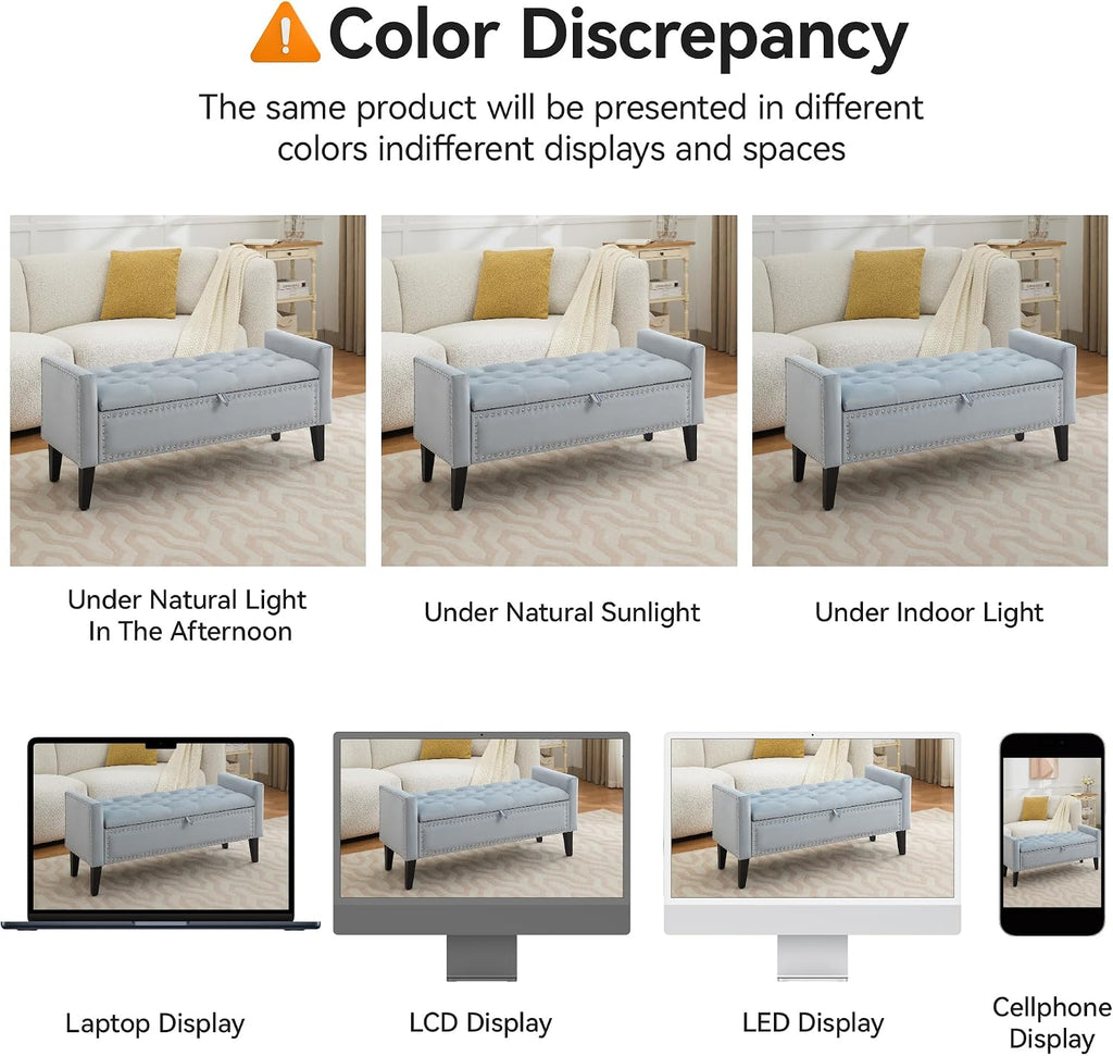 47" Velvet Storage Bench, Upholstered Bed Bench with Storage, End of Bed Ottoman with Wooden Legs,Bedside Storage