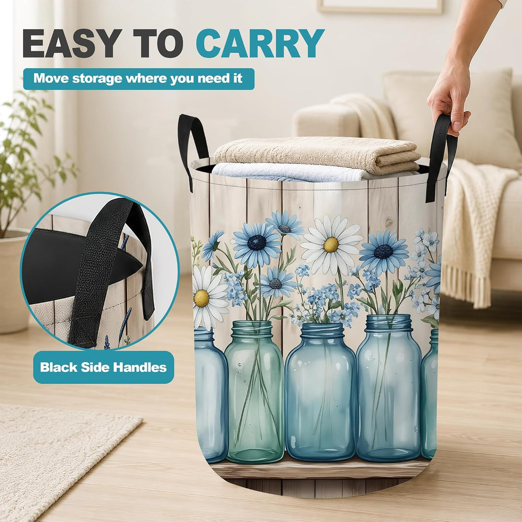 Laundry Basket,Blue Mason Jars Foldable Clothes Hamper with Handles,Daisy Flowers Waterproof Oxford Cloth Storage
