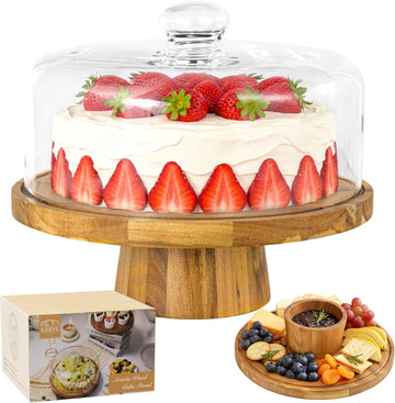 12-Inch Acacia Wood Cake Stand with Glass Lid