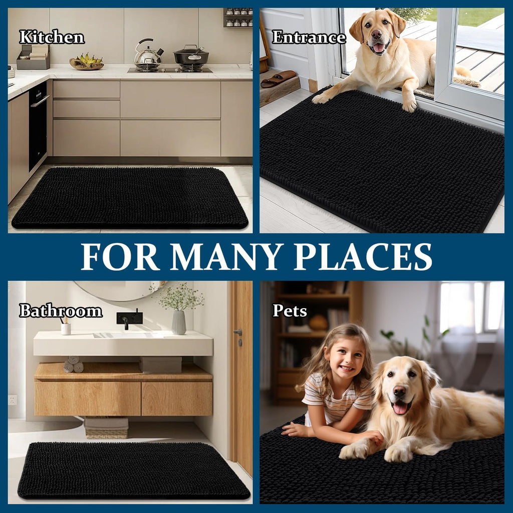 Dog Door Mat for Muddy Paws 36x24, Super Absorbent Chenille Mud Mat | Black, Absorbs Moisture and Dirt, Non-Slip