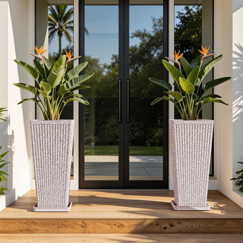 24" Tapered Tall Planters for Outdoor Plants with Tray&Shelf, Red | Resin PP Weather-Resistant Material, Stone&Fluted