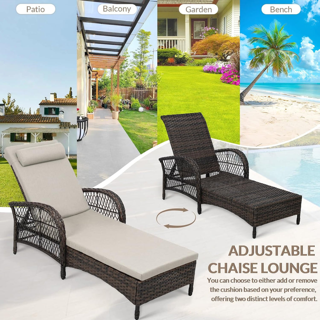 Outdoor Wicker Chaise Lounge Chair with Side Table, All-Weather Patio Lounger Chaise Sunbathing Reclining Chairs with