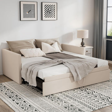 Twin Daybed with Trundle, Velvet Upholstered Day Bed with Pop Up Trundle & Soft Padded Backrest, Twin to King