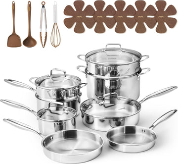 21pcs Tri-Ply Stainless Steel Cookware Set, Pots and Pans Set, Non Toxic Induction Kitchen Cooking Sets, Cookware