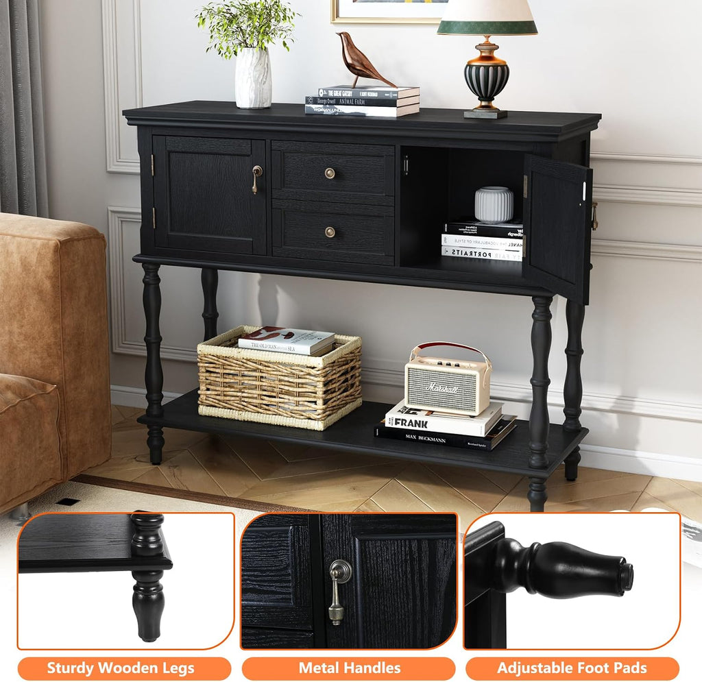 Console Table with 2 Drawers, Retro Entryway Table with 2 Door Cabinets and Open Storage Shelf, Narrow Long Behind