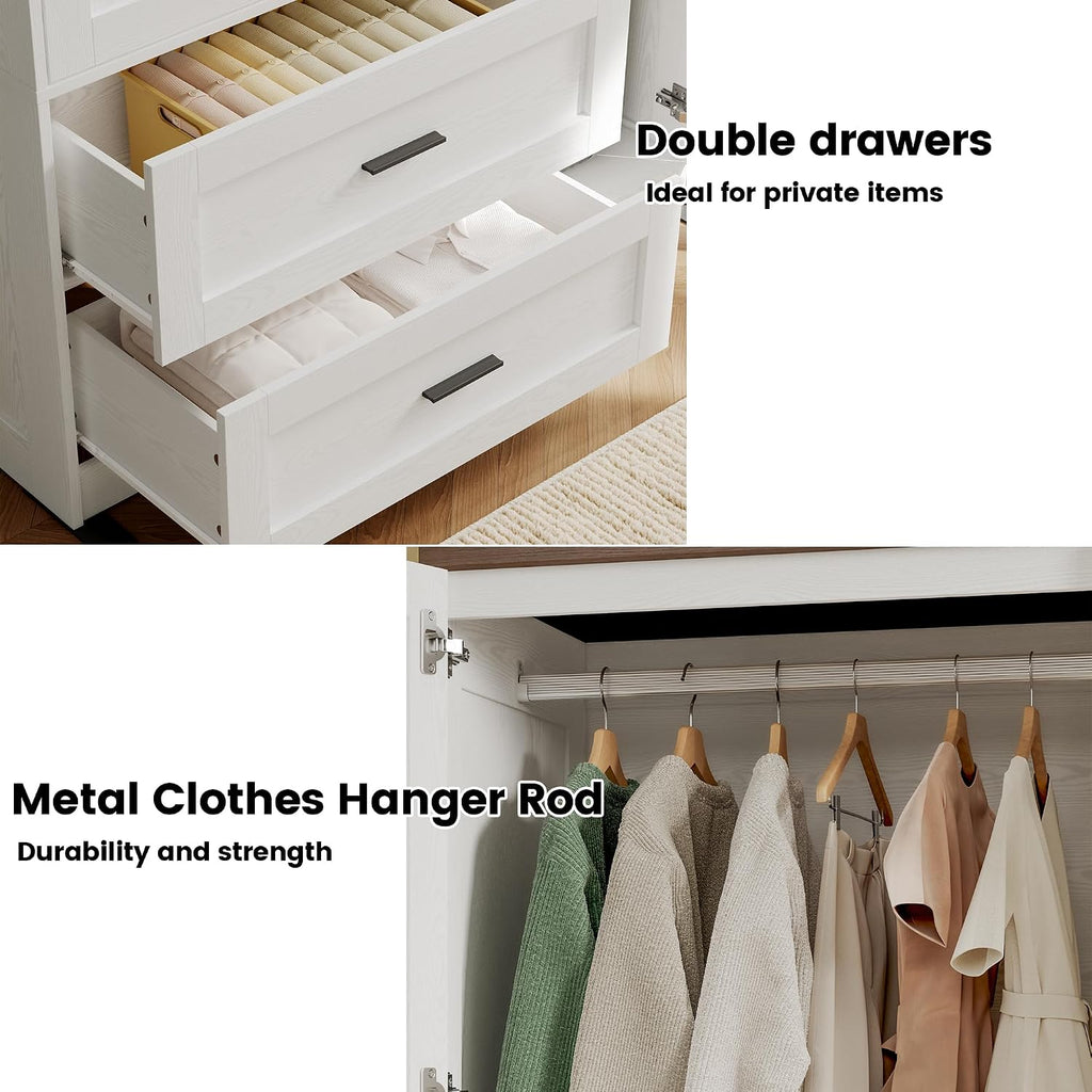 3-Door Armoire Wardrobe Closet with 2 Drawers and Shelves, White | Modern Farmhouse Style / Hanging Rod / Adjustable