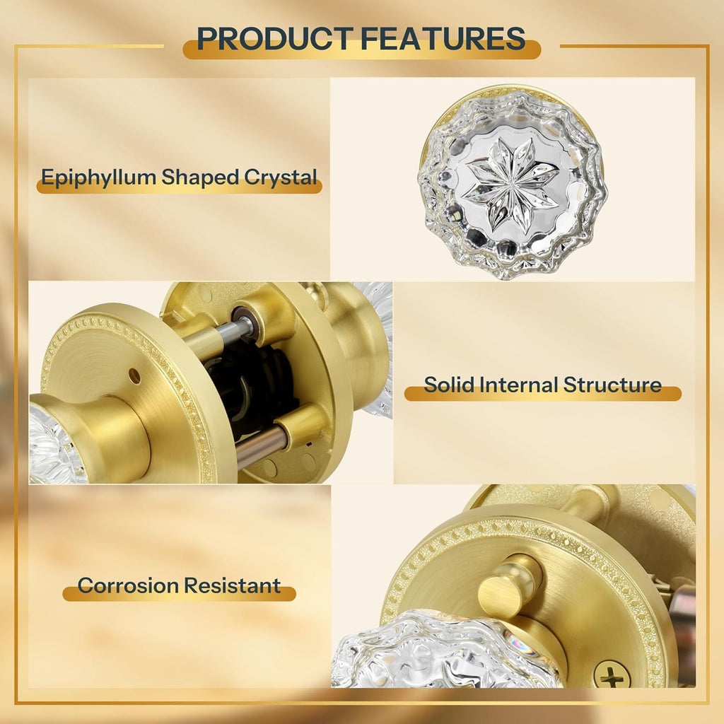 Brushed Gold Privacy Crystal Door Knob, Gold Vintage Crystal Door Knob with Privacy Lock, Glass Doorknob Interior