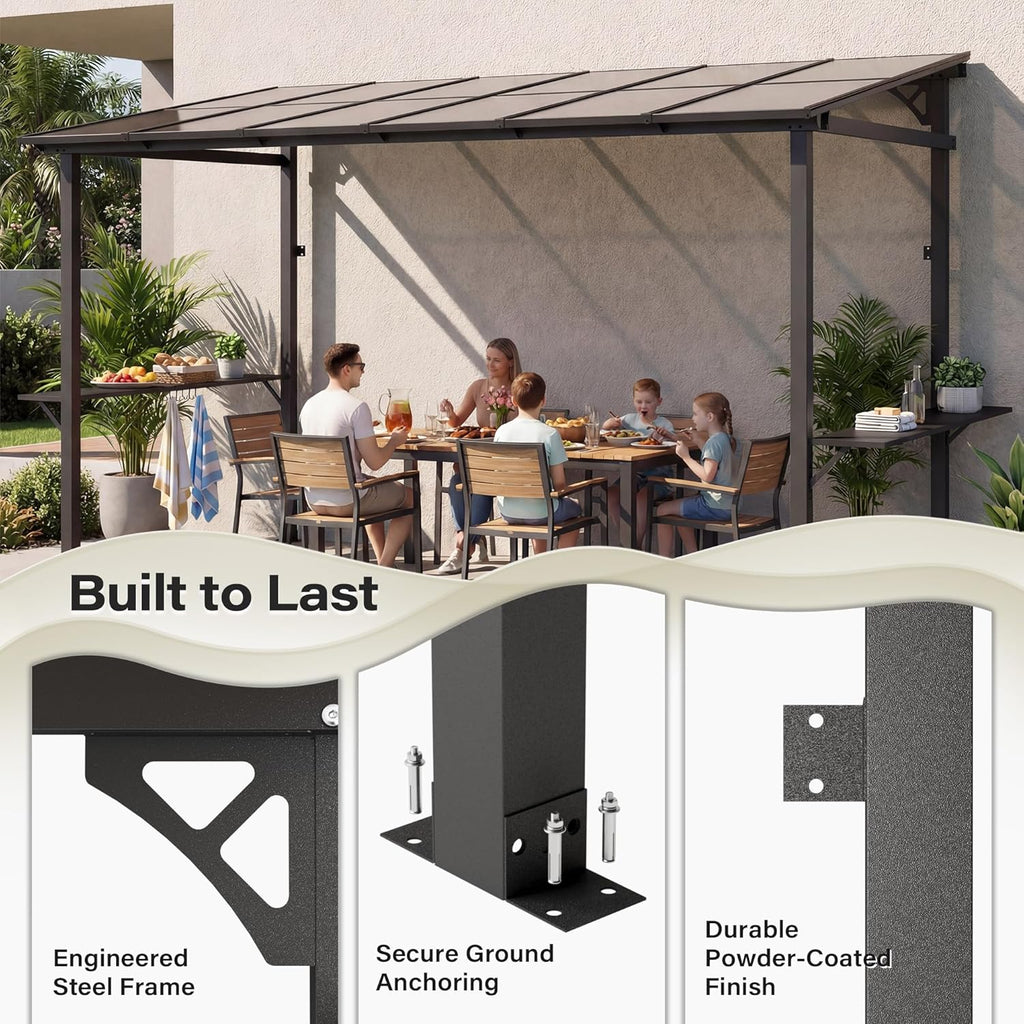 12x6 ft Hardtop Grill Gazebo, Outdoor Sloping PC Roof BBQ Patio Metal Gazebo with Shelves and Hooks