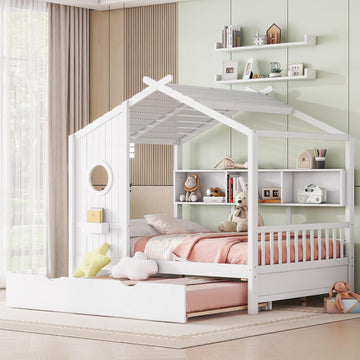 Full Size Daybed with Trundle and Bookshelf, No Box Spring Needed, White | House Bed with Roof and Round Window for