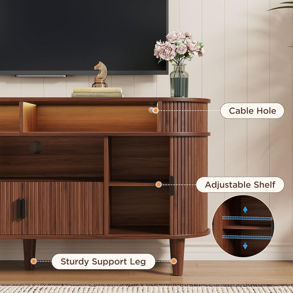 59" Fluted TV Stand with Sliding Doors, Mid Century Modern TV Stands for Tvs up to 65", Entertainment Center with Storage and Adjustable Shelves, Wood Media TV Consoles for Living Room (Walnut)