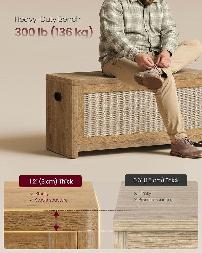Boho Storage Bench with Rattan Look, Storage Chest with Rounded Corners, Blanket Chest and Trunk with