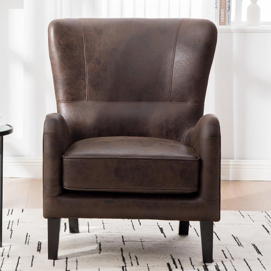 PU High Back Accent Chair Oversized, Retro Wingback Reading Armchair with Solid Wood Legs, Mid-Century Comfy Arm