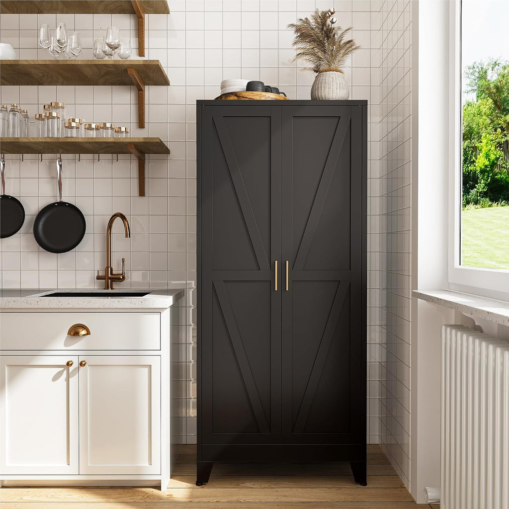 61" Metal Pantry Cabinet in Black, Modern Storage Cabinet with Adjustable Shelves, Sturdy Metal Cupboard Organization