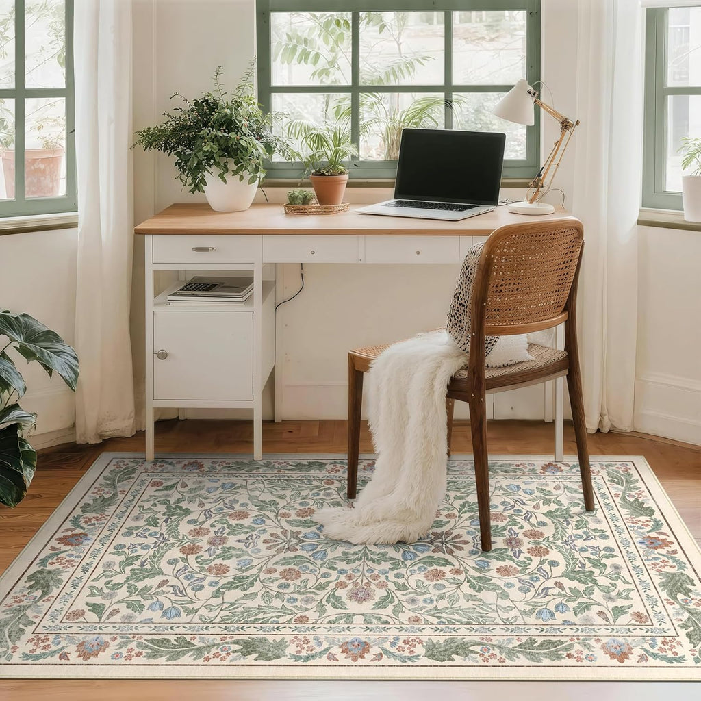Floral Indoor Entrance 3x5 Area Rug, Washable Vintage Boho Entryway Rugs, Low Pile Non Slip Soft Car