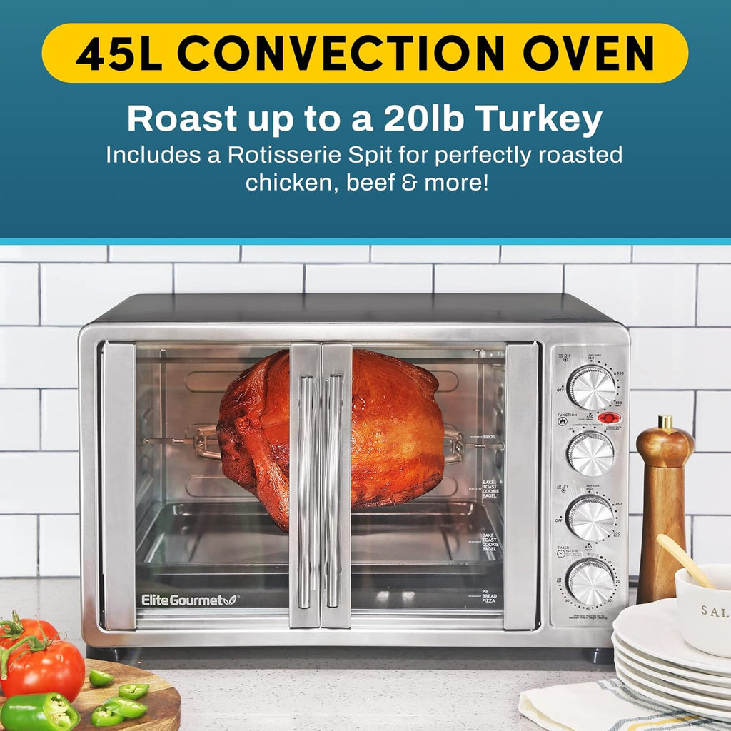 ETO4510MX French Door 47.5Qt, 18-Slice Convection Oven 4-Control Knobs, Bake Broil Toast Rotisserie Keep Warm