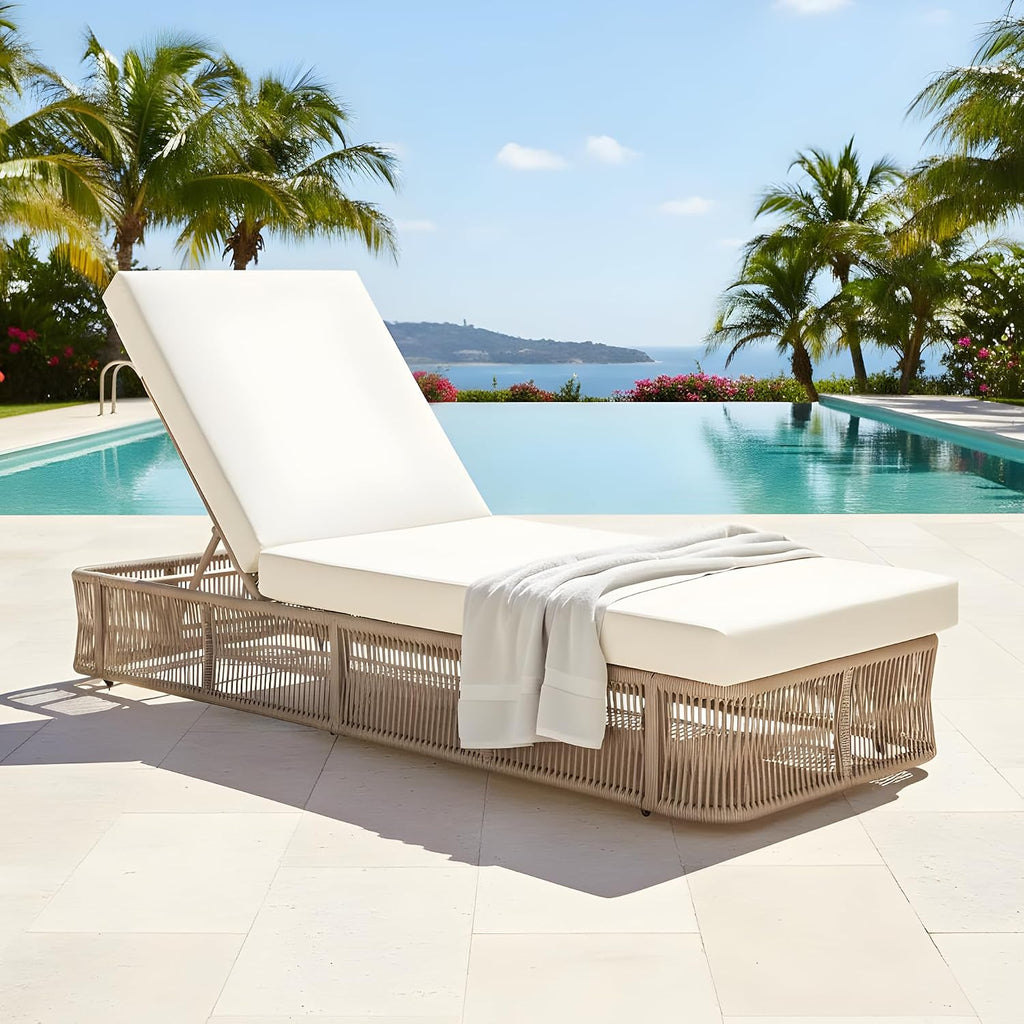 Patio Chaise Lounge with Woven Rope Base, Adjustable Sunlounge Without Cushion, Beige and White