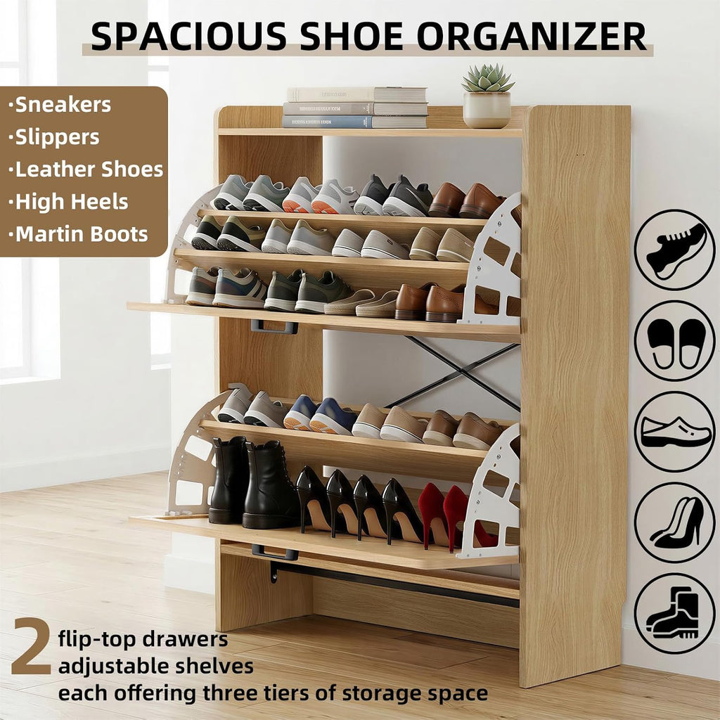 Shoe Storage Cabinet , 2 Flip Drawers with 3-Tier Rack Each, 6-Layer Total Storage, Narrow Shoe Cabinet with Linen