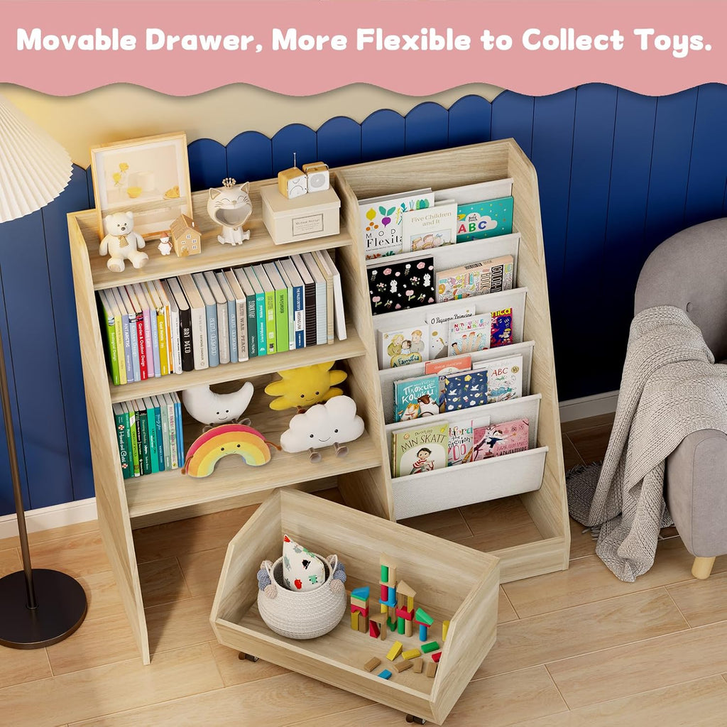 Kids Bookshelf and Toy Storage, 4 Tier Toddler Bookshelf with Movable Drawer (Oak)
