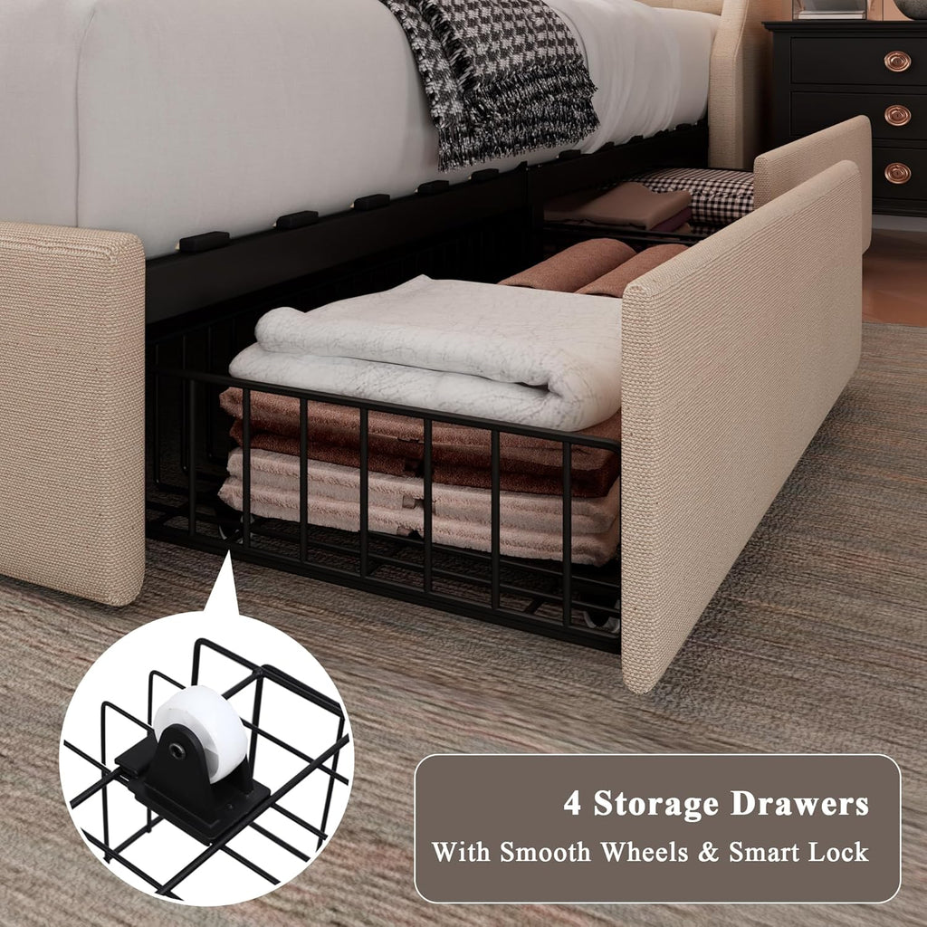 Upholstered Queen Bed Frame with 4 Storage Drawers, Charging Station and Tufted Wingback Storage Headboard