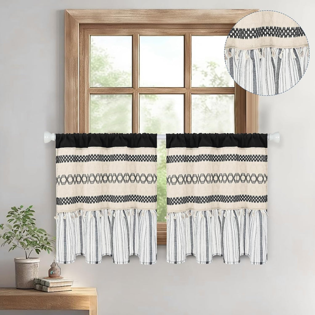 Farmhouse Linen Valance for Windows Boho Crochet Short Curtain with Tassel Country Black Valance Light Filtering Rod