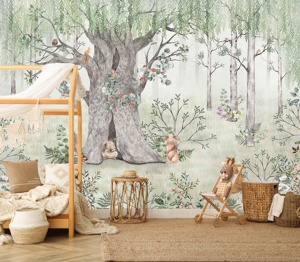 Green Forest Wallpaper Fox Pine Mouse Big Tree | 127"x96" Not Self-Adhesive Mural for Children's Room Living Room